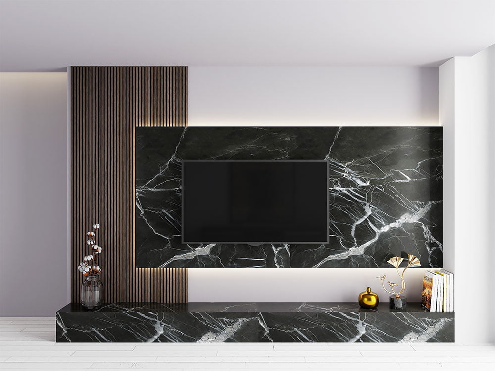 Parede TV com acabamento mármore preto